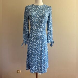 Reformation Blue Floral Long-Sleeve Midi Dress with Tie Cuffs
